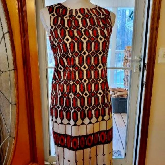 Red, Cream, Brown, Black, design Talbots dress Size 2P - Picture 1 of 9